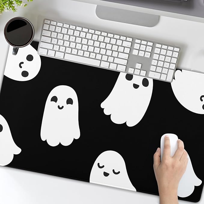 Halloween Cute Ghost Mouse Pad Large Kawaii Cartoon Spooky Funny Spirit Extended Desk Mat Non-Slip Rubber Base Stitched Edge Large XL Black White Mousepad for Desk Gaming Laptop Desktop,24x14 Inch