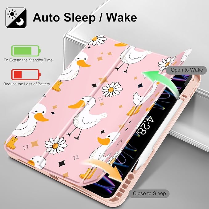 May Chen for iPad Pro M2 12.9 inch Case 6th/5th/4th/3rd Generation 2022 2021 2020 2018, Trifold Stand with Auto Wake/Sleep Soft TPU Protective Stand Back Cover, Daisy Ducks