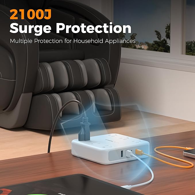 TESSAN 5Ft Grey Extension Cord with Multiple Outlets, Surge Protector Power Strip with 6 Outlets and 4 USB Ports (2 USB C), 2100 Joules Protection, Flat Plug, Outlet Extender for Home, Office, Dorm