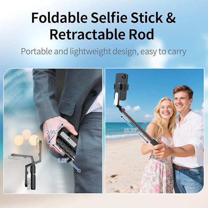 TOALLIN Selfie Stick with Light for Smartphone, Gimbal Stabilizer with Remote, Retractable and Foldable Phone Tripod for iPhone & Android, Video Recording, Streaming, Vlogging