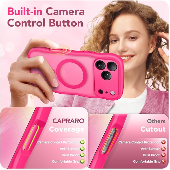 CAPRARO Magnetic for iPhone 17 Pro Case for Women Girls, Upgraded [Full Camera Protection] [Compatible with MagSafe] Cute Wave Translucent Matte Phone Case for iPhone 17 Pro, Hot Pink
