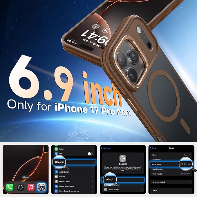 Magnetic 3 in 1 for iPhone 17 Pro Max Case, [Omni-Directional Protection] with 1x Screen Protector + 1x Camera Cover, [Seamless Work with Magsafe] Protective Silm Case for iPhone 17 Pro Max Brown