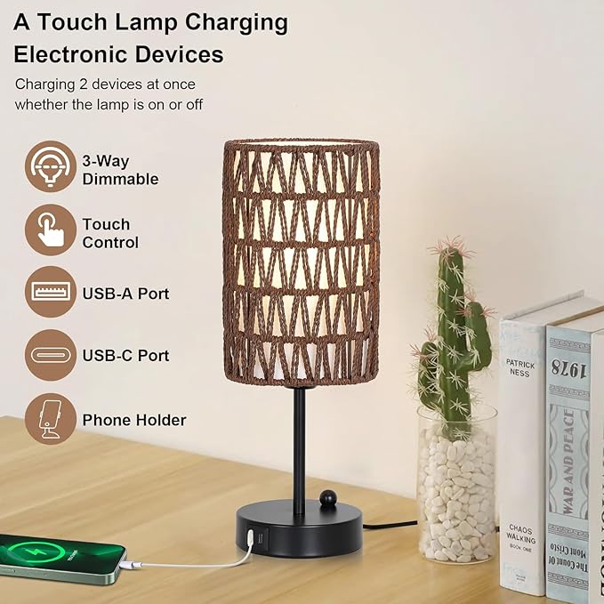 Bedside Lamps Set of 2, Touch Control Night Stand Lamp for Bedroom with Rattan & Linen Shade & Bulbs, 3 Way Dimmable Small Boho Table Lamps with USB Charging Port & Phone Stand (Coffee Color)
