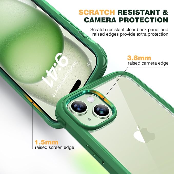 Diaclara Designed for iPhone 15 Case, Full Body Rugged Case with Built-in Touch Sensitive Anti-Scratch Screen Protector, with Camera Lens Protector for iPhone 15 6.1" (Green)
