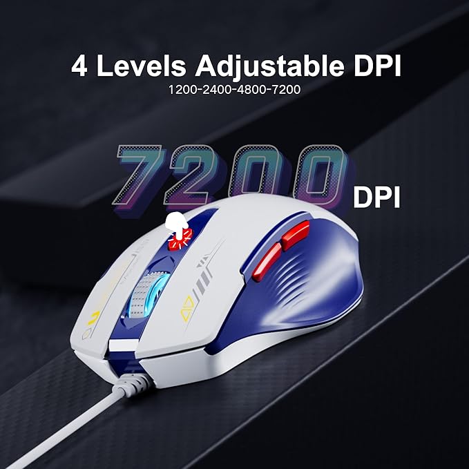 Uineer Wired Mouse, 4 Levels Adjustable DPI, 6 Programmable Buttons, Ergonomic Computer Wired Mouse for PC Laptop Computer for Office - Plug and Play (Bluewhite)
