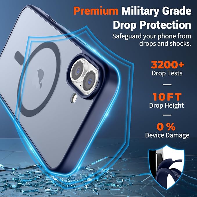 SUPFINE Magnetic for iPhone 16 Case (Compatible with MagSafe) (Military Grade Drop Protection) Slim Translucent Matte Shockproof with Anti-Fingerprint Phone Case,Navy Blue