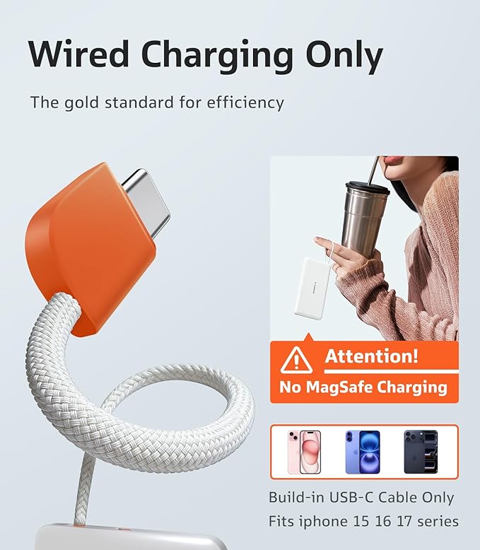 TORRAS Power Bank with Built-in USB-C Cable (No-Wireless), Ultra-Slim 10,000mAh Portable Charger USB C, 22.5W Fast Charging Battery Pack for iPhone 17/16/15 Series, Phone air, Galaxy, Pixel, White