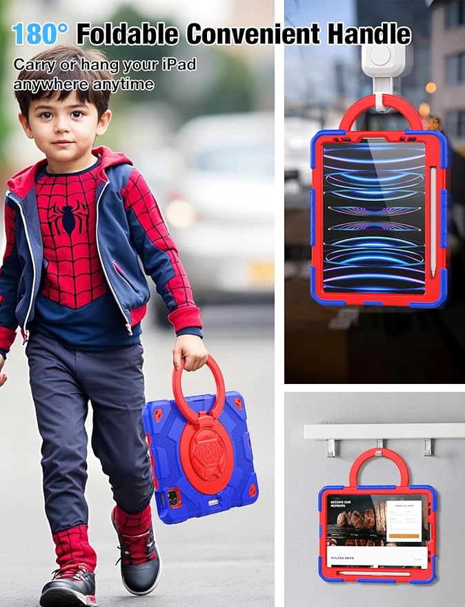 SCSVPN Kids Case for iPad Air 5th/4th Generation 10.9-inch 2022/2020 & iPad Pro 11'' 4th/3rd/2nd/1st Gen 2022 2021 2020 2018 Protection Case with Pen Holder, Stand, Handle, Shoulder Strap, Red Blue