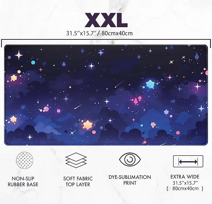 Blue Stars Desk Mat Cute Cloud Desk Pad, Aesthetic Starry Sky Mouse Mat Gaming Mousepad XXL, Extra Large Deskktop Mats for Keyboard and Mouse, Computer Laptop Mat Kawaii Desk Decor 31.5"x15.75"