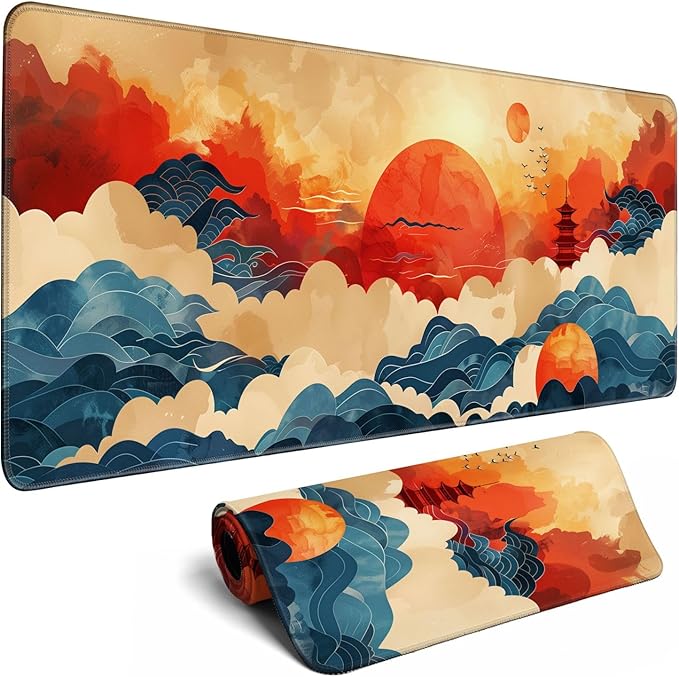 Desk Mat Red and Gold Blue Wave Decor Large Keyboard Sun Mouse Pad for Laptop Pc Setup Desk Cover Protector Desk Décor for Office Home Work Gaming 31.5" X 11.8" Stitched Edge Non-Slip Design