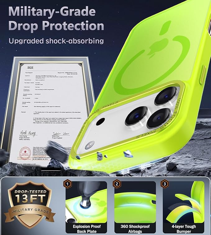 Newfuture Magnetic for iPhone 17 Pro Case [Compatible with Magsafe] [Military Grade Drop Protection] Translucent Matte Anti-Scratch Shockproof Protective Phone Cover 6.3 Inch, Fluorescent Green