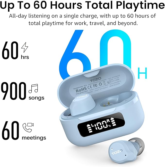TOZO NC9 Hybrid Active Noise Cancelling Wireless Earbuds, 6 Mics ENC Clear Call, IPX8 Waterproof, in Ear Bluetooth 5.3 Headphones Stereo Bass Ear Buds 60H Playtime with LED Display 32 EQs via APP