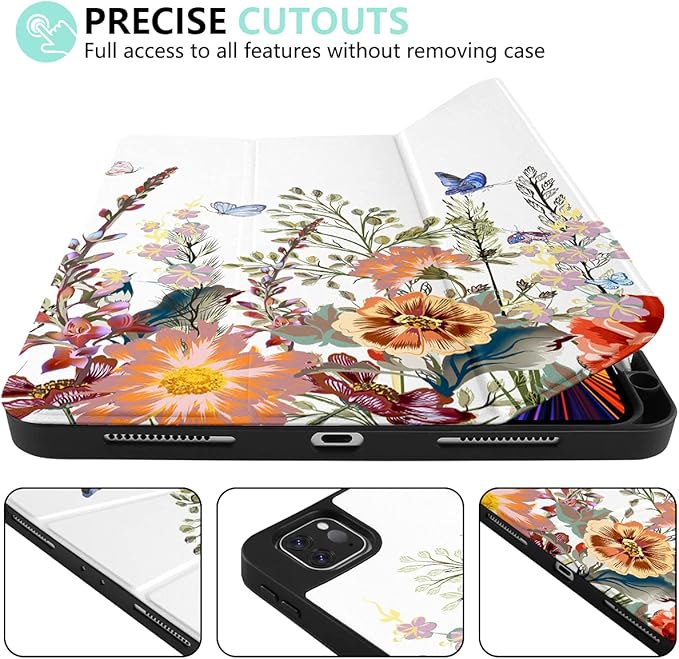 DONGKE Case for iPad Pro 11 inch (4th, 3rd, 2nd & 1st Gen) 2022 2021 2020 2018, Trifold Stand + Pencil Holder + Auto Wake/Sleep + Soft TPU Protective Stand Back Cover, Floral