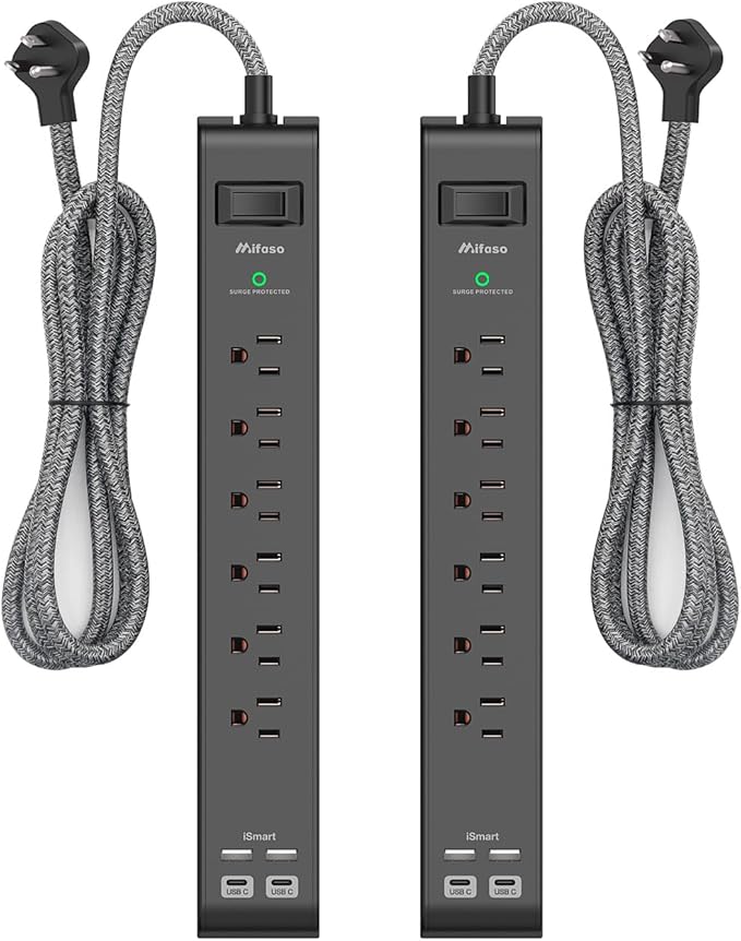 2 Pack Surge Protector Power Strip, Slim Flat Plug, Braided Extension Cord, 5-Foot, 900 Joules, 6 Outlets 4 USB Ports, Wall Mount for Home Office Dorm