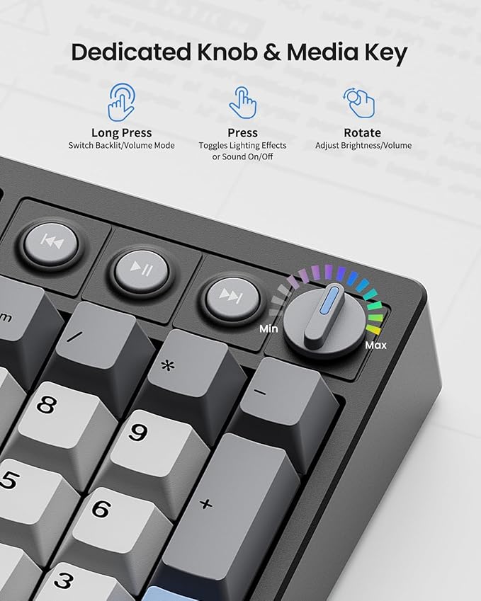 Kisnt KN104 Wireless Mechanical Gaming Keyboard, 100% Full Size 104 Keys with Number Pad, Custom RGB Backlit, Creamy Sound, Hot Swappable, Bluetooth/2.4GHz/USB-C for Win/Mac/PC (Carbon Black)