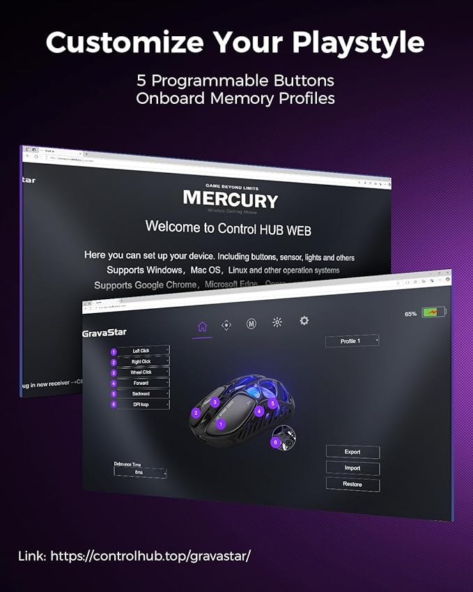 GravaStar Mercury X Wireless Gaming Mouse – 32,000 DPI PAW 3950 Sensor, 1000Hz Polling Rate, Only 49g, Magnesium Alloy Hollow Frame, RGB Lighting, 5 Programmable Buttons