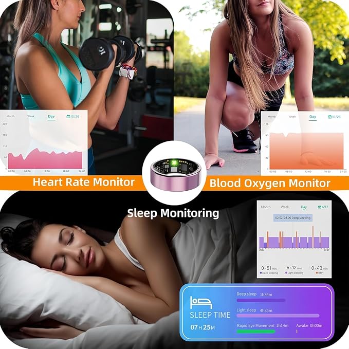 Smart Ring for Women Men, Health Tracker with Heart Rate/Blood Oxygen/Blood Pressure/Sleep Monitoring/Step Counting, IP68 Waterproof Fitness Ring, No App Fees for iPhone & Android (Black, 10#)
