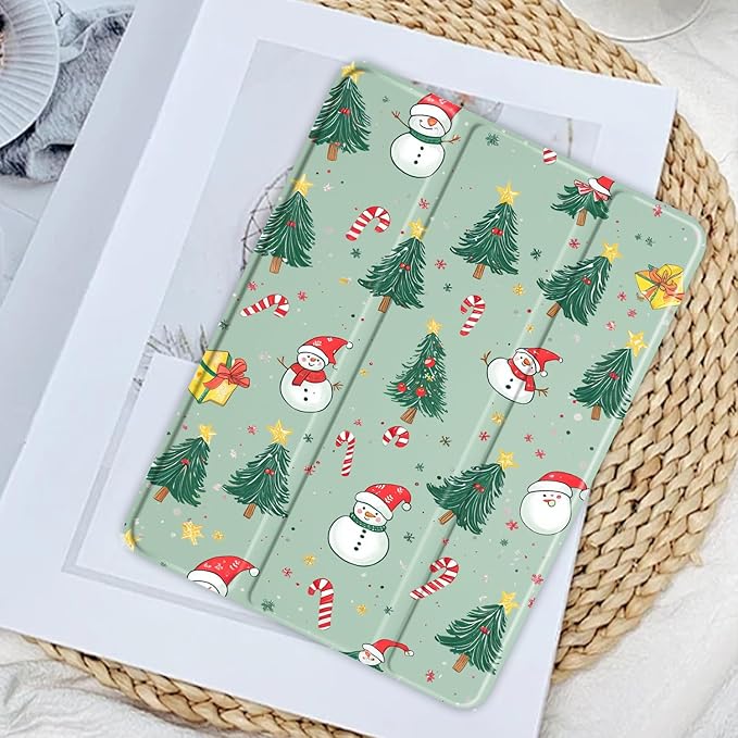 JOYLAND Lovely Christmas Snowman Case for iPad Pro 11" 4th/3rd/2nd/1st Generation (2022/2021/2020/2018), Clear Acrylic Hard Back Green Case with Pencil Holder Trifold Stand Tablet Cover