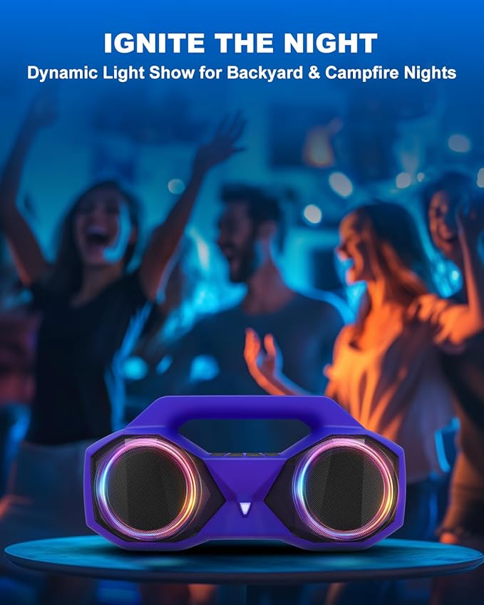 OZJ Bluetooth Speaker 80W(Peak) Loud with Bass, 20H Playtime, IPX7 Waterproof, RGB Lights, TWS, Large Portable Wireless Speakers for Outdoor, Home, Party, Pool, Beach, Tailgating, Gym, Work (Purple)