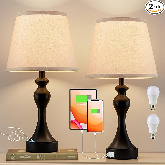 Seealle Touch Lamps for Nightstand - Bedside Lamps Set of 2, 3 Way Dimmable, USB C+A for Bedroom & End Tables (LED Bulbs Included)