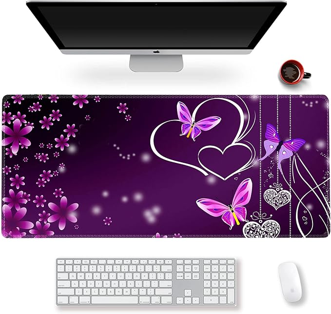 Extended Gaming Mouse Pad XXL ArtSo Large Keyboard Mat Long Mousepad Desk Decor Writing Pad Non Slip Rubber Base Stitched Edges for Work, Game, Office, Home, 35.1" x 15.7", Purple Heart Butterfly