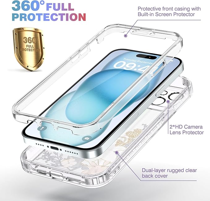 Diaclara Designed for iPhone 15 Plus Clear Flower Butterfly Phone Case 6.7’’, Full Body Rugged Cover w/Built-in Screen Protector+ GlassCamera Lens Protector(Butterfly)