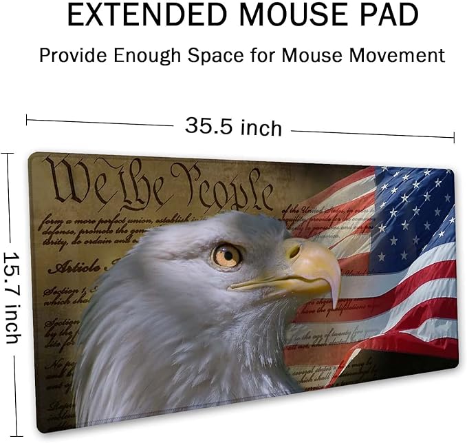 SSOIU Bald Eagle on American Flag Mouse Pad 35.5 X 15.7 Inch XXL Full Desk Mousepad Extended Large Non-Slip Rubber Base Waterproof Big Keyboard Mat with Stitched Edges for Gaming and Office