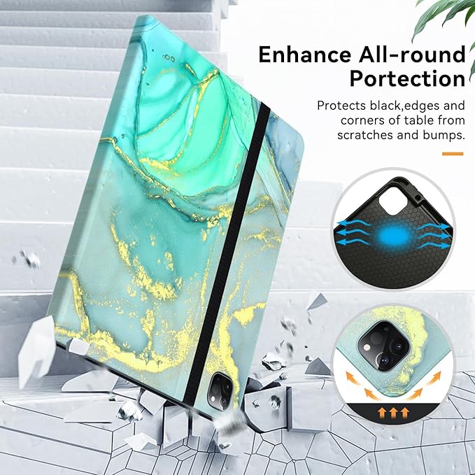 Zonefoker Case for New iPad Pro 12.9 inch 6th/5th/4th/3rd Generation 2022/2021/2020/2018, 12.9'' ipad Pro Leather Folio Protective Cover 6/5/4/3 Gen with Pencil Holder, Auto Wake/Sleep, Marble Green