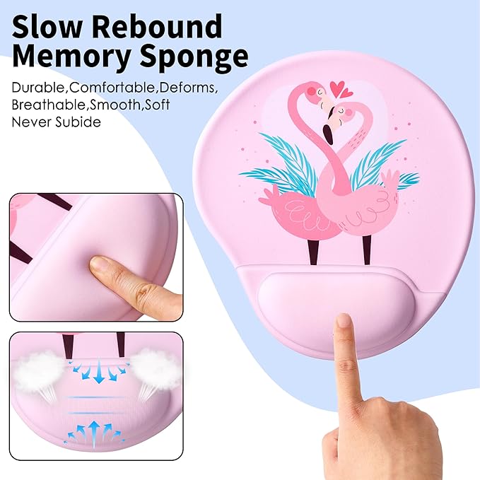 Ergonomic Mouse Pad with Wrist Support,Cute Mouse Pads with Wrist Rest,Comfortable Mouse Pad for Home Office Gaming Working Computers Laptop,Pain Relief with Non-Slip PU Base (Flamingo)
