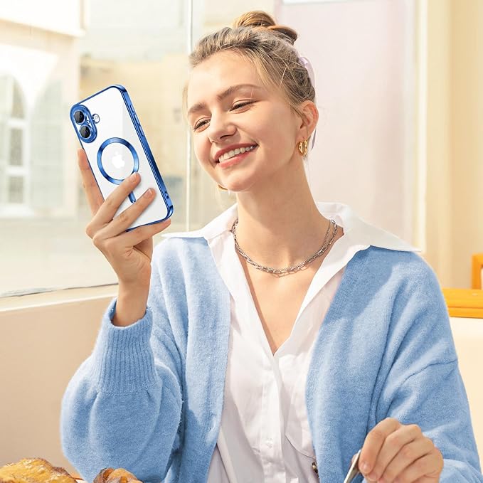 Hython Magnetic Clear for iPhone 16 Plus Case with Camera Lens Protector [Compatible with MagSafe] Luxury Plating Edge Slim Soft TPU Cover Protective Phone Case for iPhone 16 Plus 6.7", Deep Blue