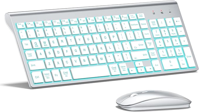 TopMate Wireless Keyboard and Mouse Ultra Slim Combo, 2.4G Silent Compact USB 2400DPI Mouse and Scissor Switch Backlit Keyboard Set, for PC/Laptop/Windows/Mac/Gaming - Silver White