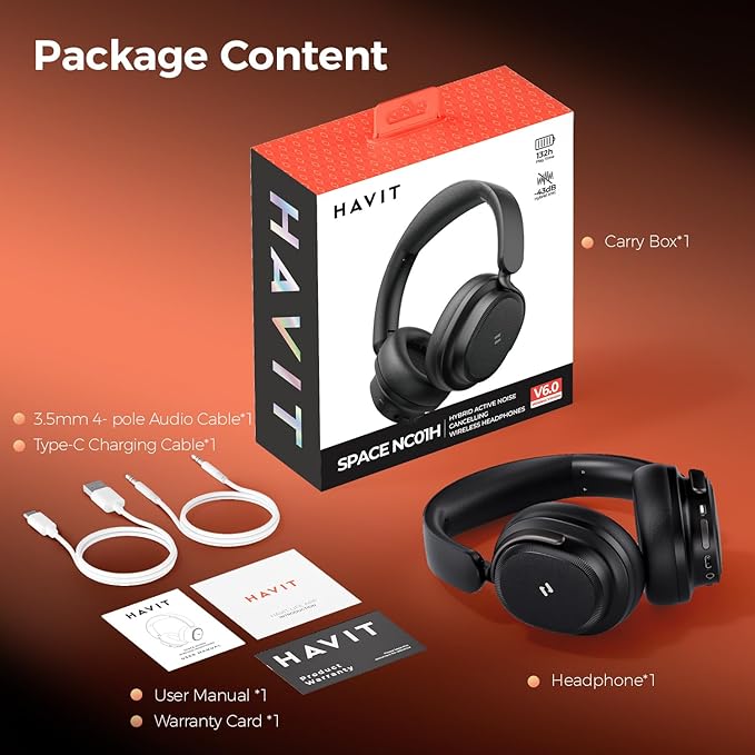 havit Noise Cancelling Headphones Over Ear, Wireless Bluetooth Headphones with 132H Playtime, Fast Charge 5 Min=5H, Foldable, Dual Device, with Mic for Travel Work Office, Blue