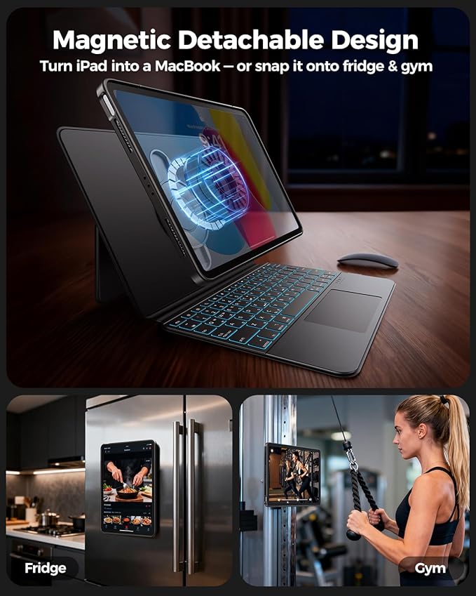 Clear Magnetic Keyboard Case for iPad A16 11th Gen 11" 2025/ 10th Gen 10.9" 2022, 7-Color Backlit & Multi-Touch Trackpad, Detachable 360 Rotation & Up-Down Lift Protective Case w/Stand, Black
