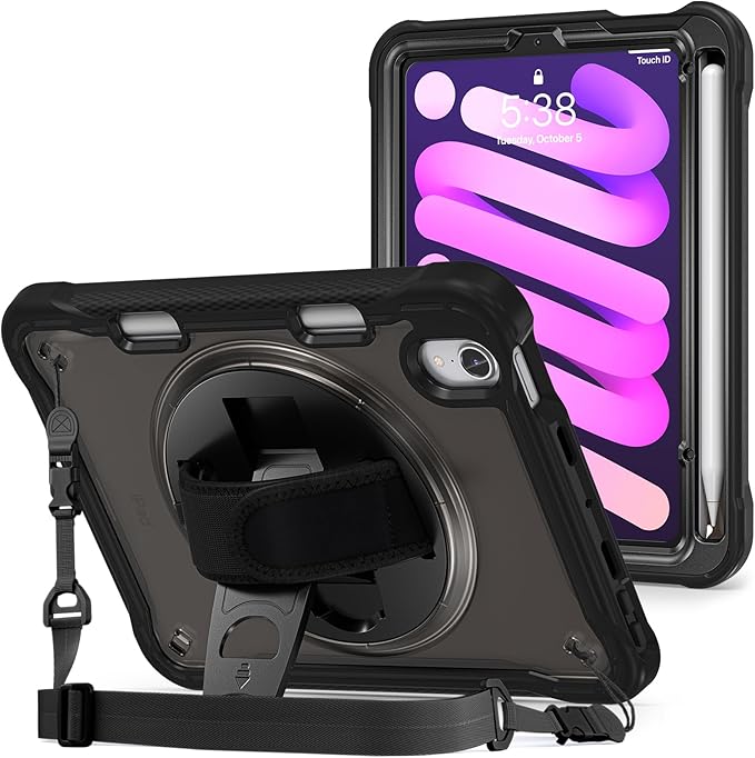 ProCase Rugged Case for iPad mini 7th(A17 Pro) 2024 / 6th Generation 8.3" 2021, Heavy Duty Shockproof Rugged Cover with Hand Strap 360 Degree Rotatable Kickstand Protective for iPad mini 8.3 -Black