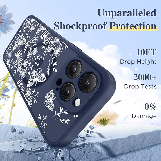 GVIEWIN for iPhone 16 Pro Max Case Compatible with MagSafe, [Military Grade Protection] [Screen Protector] Full Camera Protection Floral Translucent Women Magnetic Phone Case, Tuberose/Blue