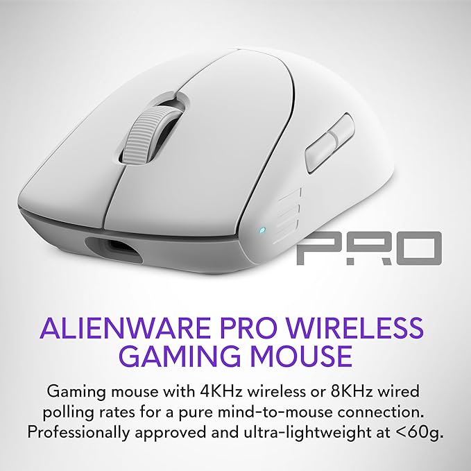 Alienware Pro Wireless Gaming Mouse - 2.4GHz Gaming Wireless/USB Wired Connectivity, Adjustable DPI, Optical Sensor Technology, 6 Programmable Buttons, 650 IPS Sensor Max Speed - Lunar Light