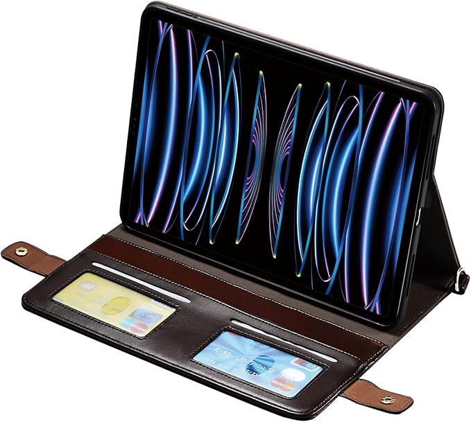 Handbag Case for iPad Air 13" & Pro 12.9" 2018-2022, Techcircle PU Leather Folio Stand iPad Crossbody Wallet Case with Pencil Pocket, Card Slots, Hand Strap+Shoulder Strap, Dark Brown