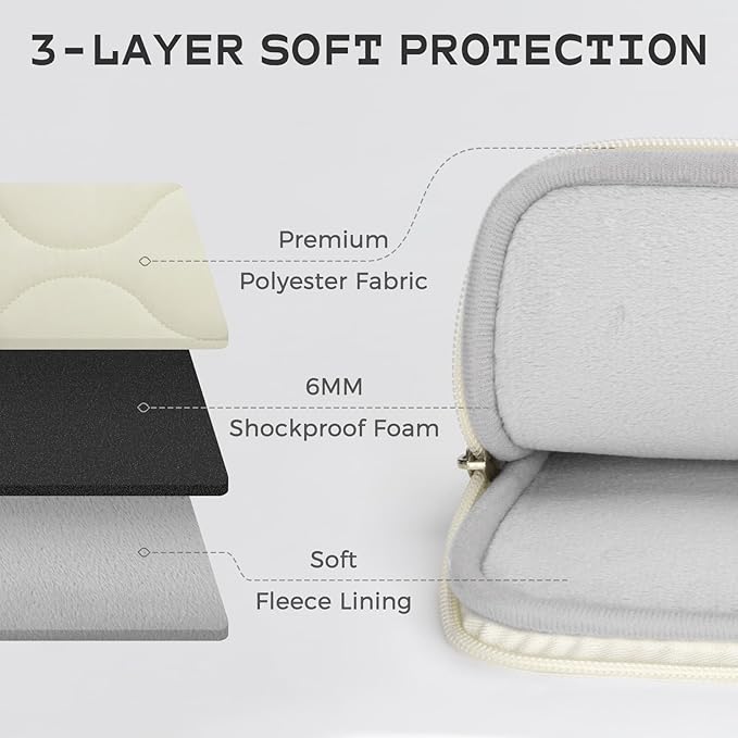 13 14 Inch Laptop Sleeve Case, Water-Repellent Cover with Bear Head Embroidery, Shockproof Padded Bag Compatible with MacBook Air & Pro 13/14 Inch, Beige