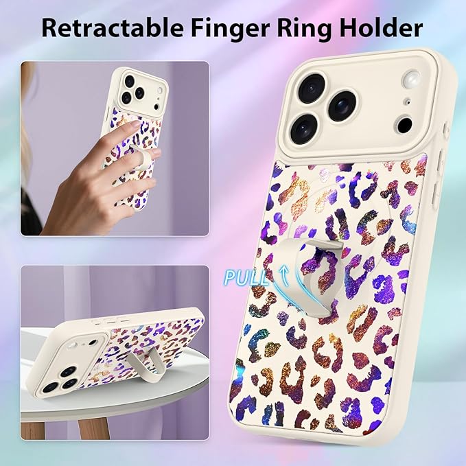 KANGHAR Compatible with iPhone 17 Pro Case, Support for MagSafe, Silicone Cute Iridescent Leopard Cheetah Pattern, Wristband Kickstand Shockproof Protective Slim Cover for Women Girls, White