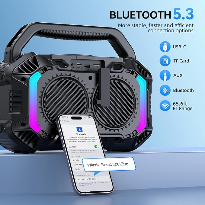 Wilody Speakers Bluetooth Wireless, 100W Loud Outdoor Speaker with Bass, IPX7 Waterproof Floatable, 20H Playtime, Wireless Charge, TWS, RGB Light, Portable Speaker for Work, Garage, Outdoor (Black)