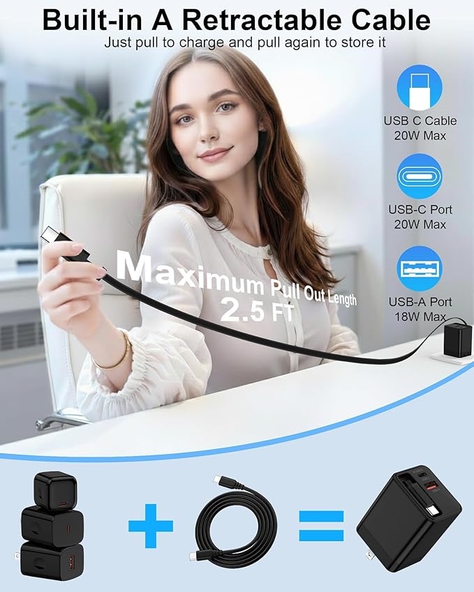 35W Retractable USB C Wall Charger for Samsung Galaxy S26 Ultra S26+ S26 A57 A37 A17 A36 A16 S25 S24 iPhone 17e 16 15 Pro Max, Fast Charging Block Built-in Type C Cable, Foldable Plug Power Adapter