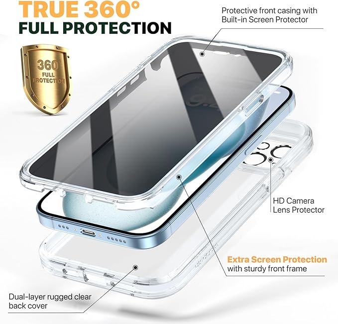 Diaclara Designed for iPhone 15 Case, Full Body Rugged Case with Privacy Built-in Touch Sensitive Anti-Scratch Screen Protector, with Camera Lens Protector for iPhone 15 6.1", Clear
