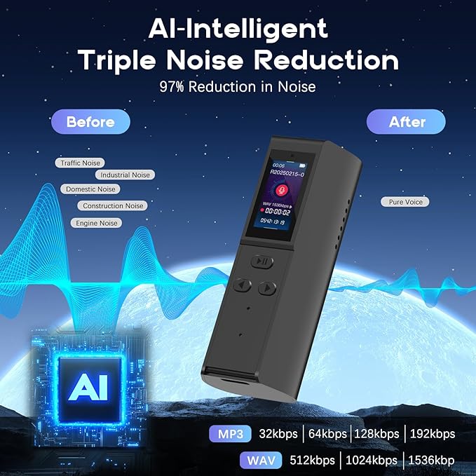 128GB Voice Activated Recorder with Playback: Magnetic Audio Recorder with AI Noise Cancellation, 220 Hours Continuous Recording, Recording Device for Lectures Meetings Interviews Classroom