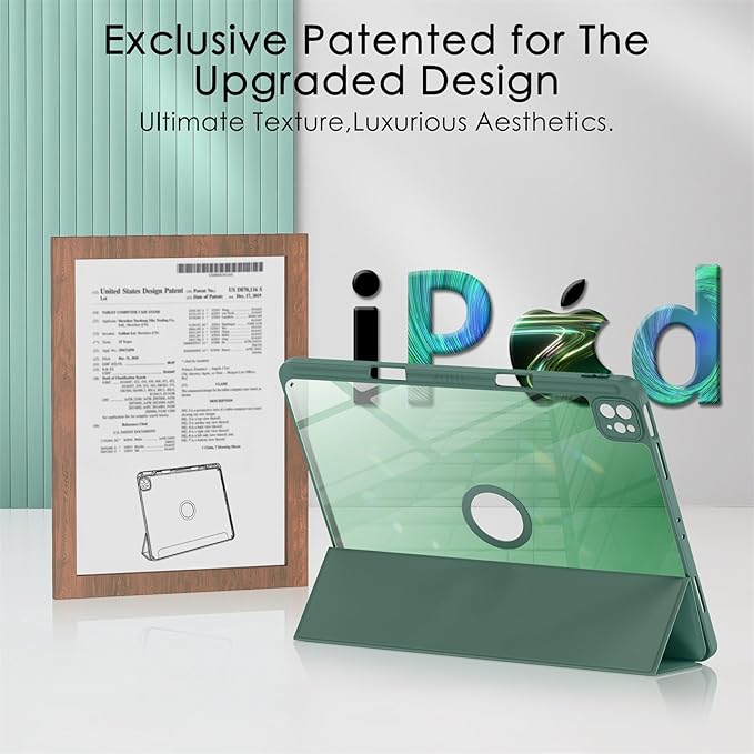 Soke for New iPad Air 13 Inch Case (M3 2025/M2 2024) with Pencil Holder, [Auto Wake/Sleep + Camera Protection] Shockproof Cover with Clear Transparent Back for Apple iPad Pro 12.9", Midnight Green