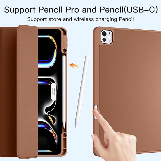 Akkerds Compatible with iPad Pro 13 Inch Case (M5/M4) 2025/2024, for iPad 13 Pro Case with Pencil Holder, Slim Trifold Stand Protective Cover with Soft TPU Back, Auto Wake/Sleep, Brown