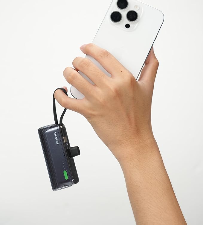 sharge Flow Mini 2 Power Bank with Built-in Cable 22.5W Max Portable Charger for Travel, Fast Charging Battery Pack with iOS and USB-C Connector for iPhone 17/16/15/14, Galaxy, Google, and More