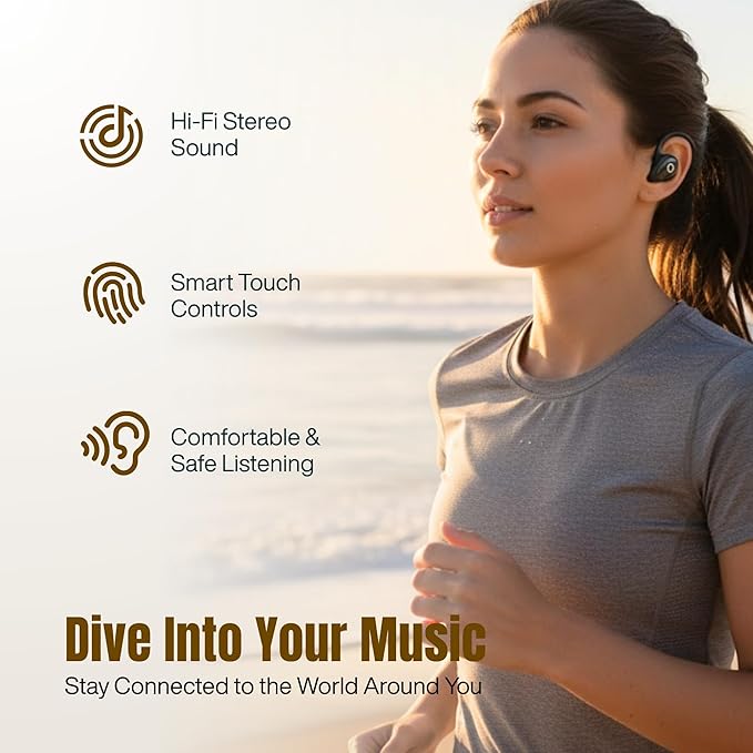 Wireless Earbuds with Earhooks, Open Ear Bluetooth 5.3 Headphones for Work & Running, 60H Playtime, LED Display, IPX5 Waterproof, USB-C Charging (Black)