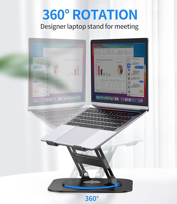 AOEVI Adjustable Laptop Stand with 360 Rotating Base, Stable Computer Stand for Laptop Ergonimic Foldable Laptop Riser for Desk Compatible with MacBook Pro/Air Notebook up to 16 Inches, Black