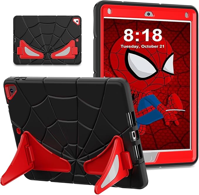 DreamerX for iPad 6th/5th Generation 9.7" Case 2018 2017 with Stand, Heavdy Duty Shockproof Rugged Drop-Proof Cute Cartoon Kawaii Silicone Protective Cover for Kids Boys iPad Air 2/Pro 9.7, Black Red