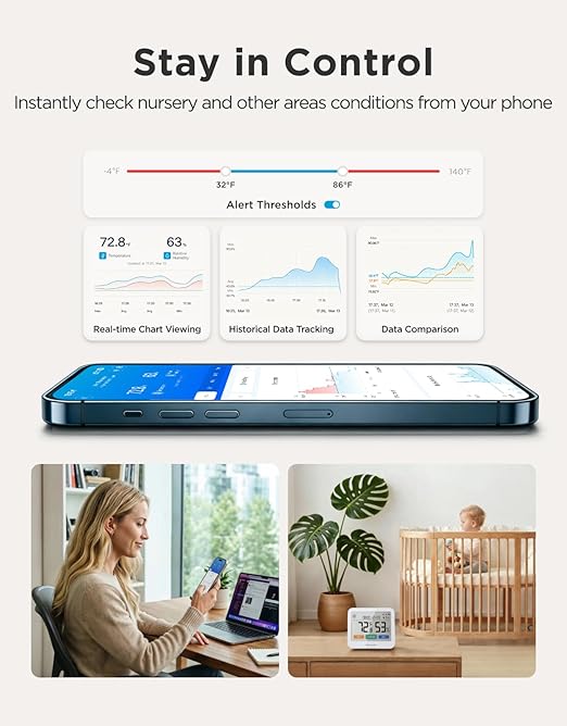 GoveeLife WiFi Thermometer Hygrometer, 5-in-1 Temperature and Humidity Monitor with Weather Station, Remote Sensor, Large LCD Display, Indoor Thermometer for Home Baby Room Greenhouse 3-Pack